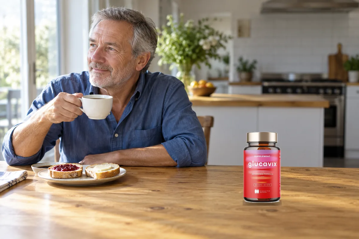 Homme tenant un pot de Glucavix au petit-déjeuner